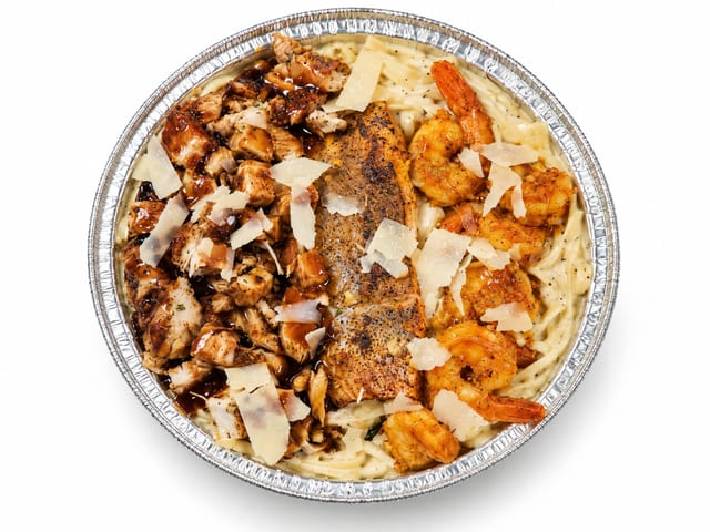 Jerk Chicken, Shrimp & Salmon Alfredo.