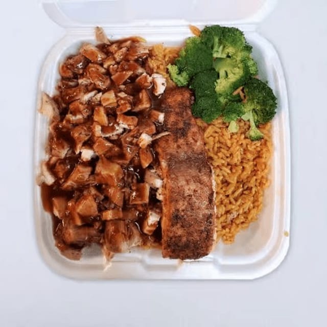 Jerk Chicken & Salmon Rice Platter.